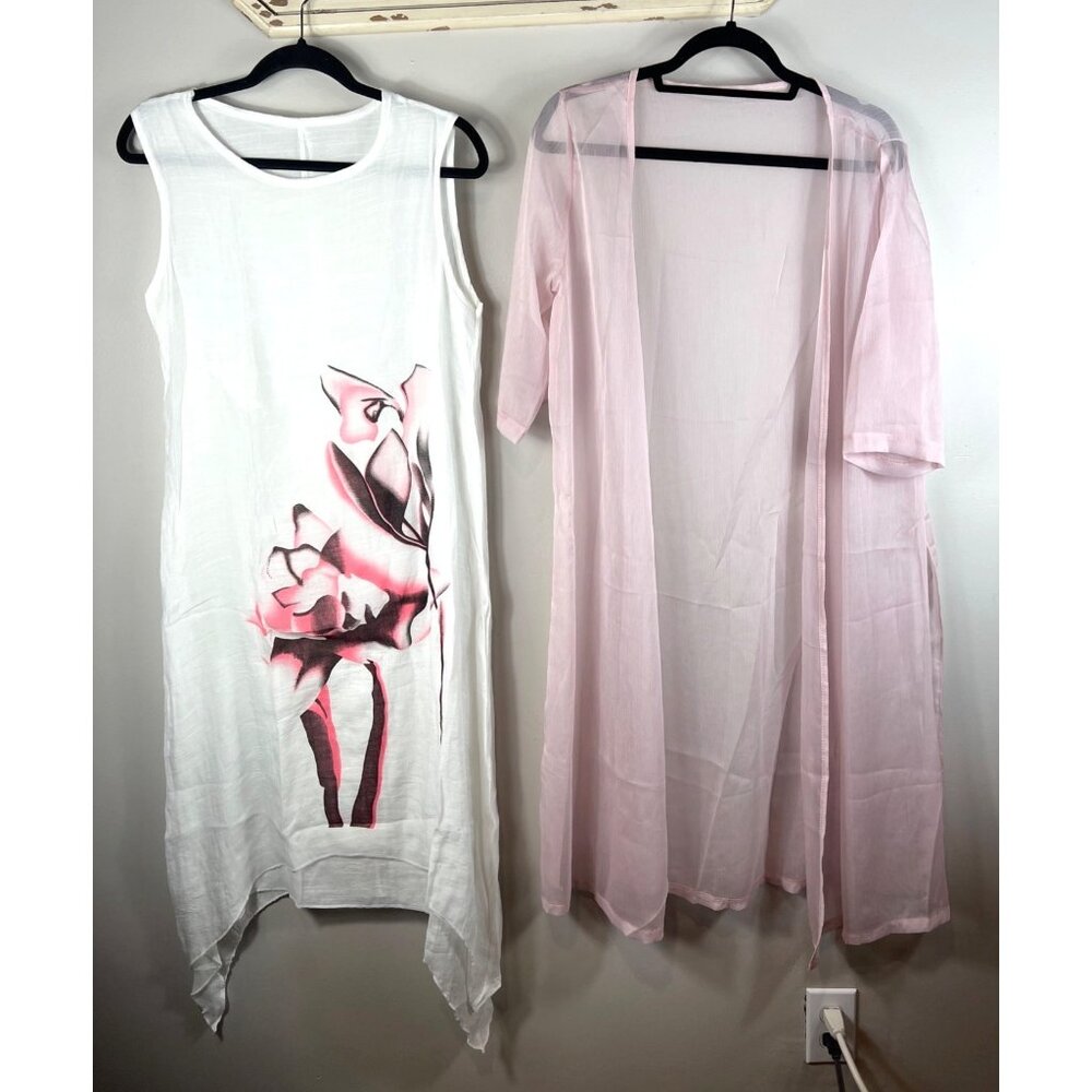 Dress Lounge wear White Tank Pullover Sleeveless Floral Pink Short w/ Robe Small - Picture 1 of 6